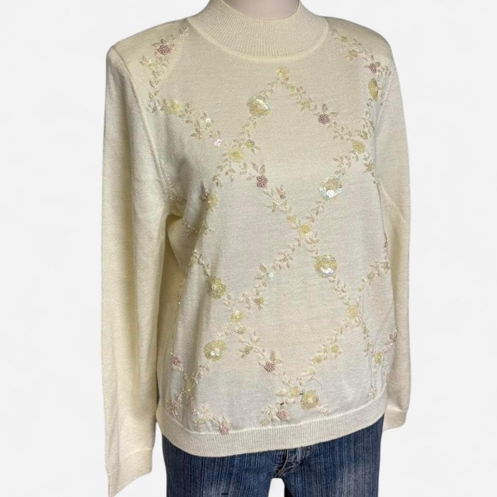 Cream mock neck sweater with sequins large